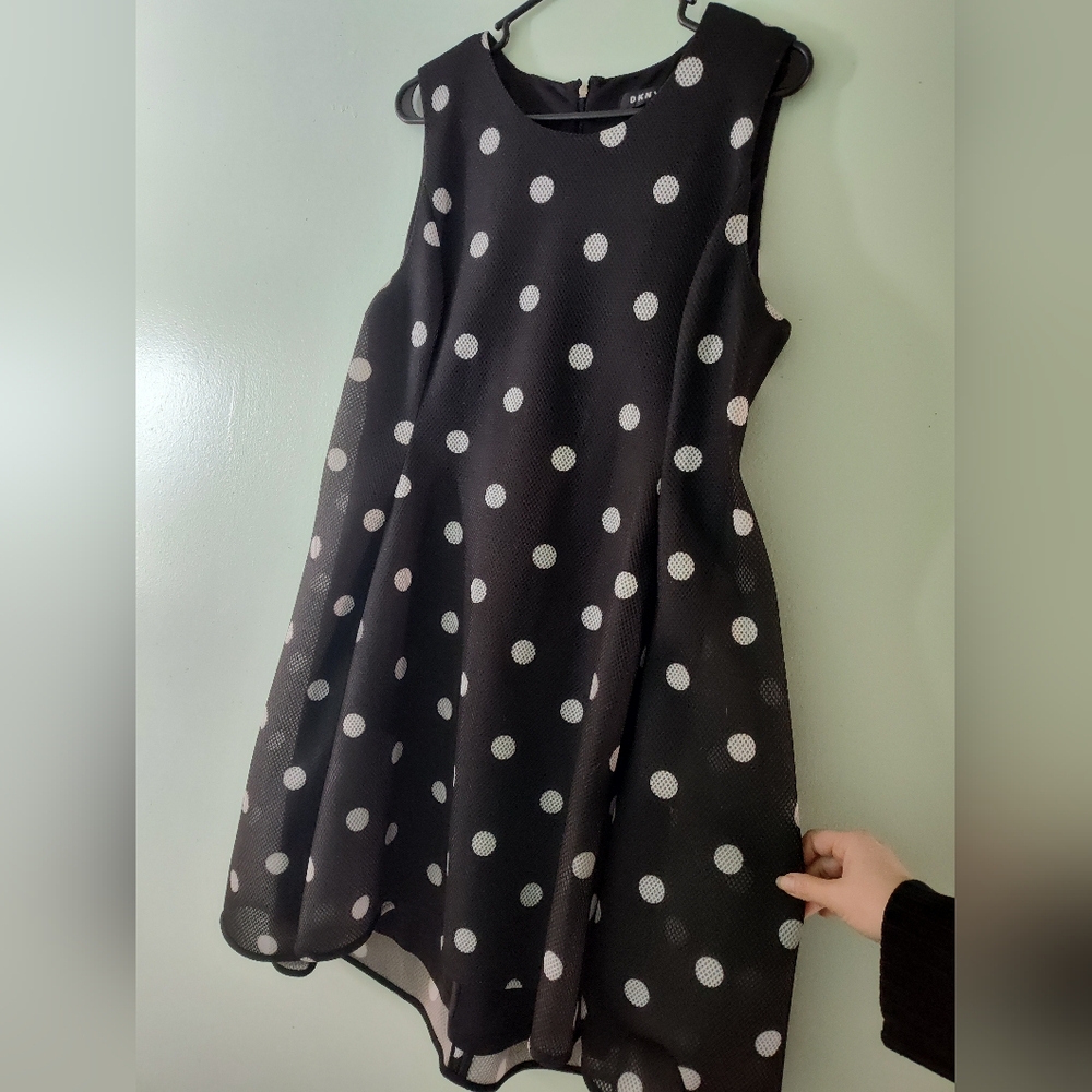 DKNY Polkadot Sleeveless Crew Neck Midi Sheath Dress